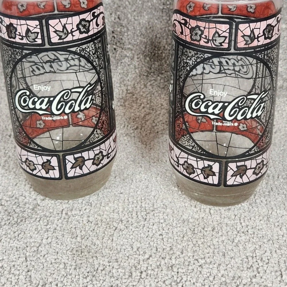 Coca-Cola Drinking Glasses Red Tiffany Stained Glass Style Vintage Set of 2 OS